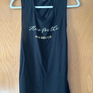 Black Tank Top with “Here for the Prosecco” Gold Text